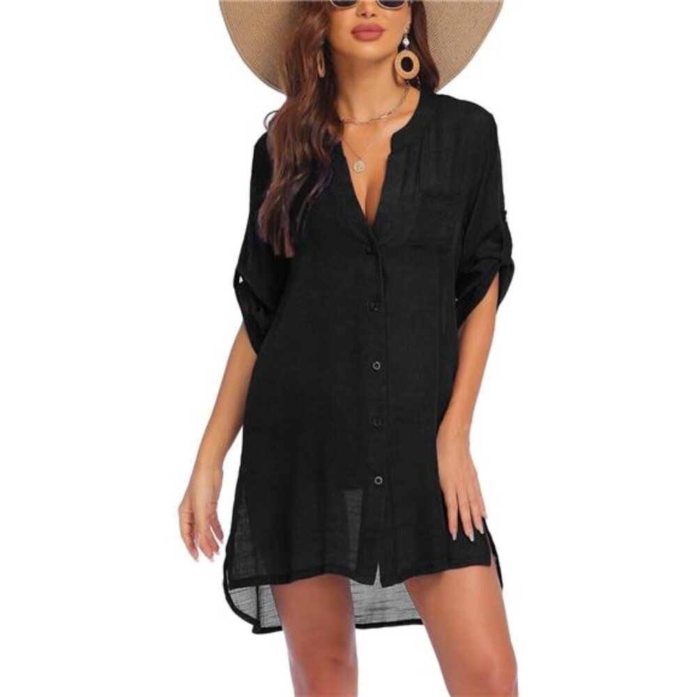 Women's Swimsuit Cover Ups Shirt V-Neck Button Down Bathing Suit Coverups